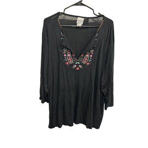 Evan Embroidered Peasant Tunic Top Black Multi Plus Sz 3X Floral Bohemian